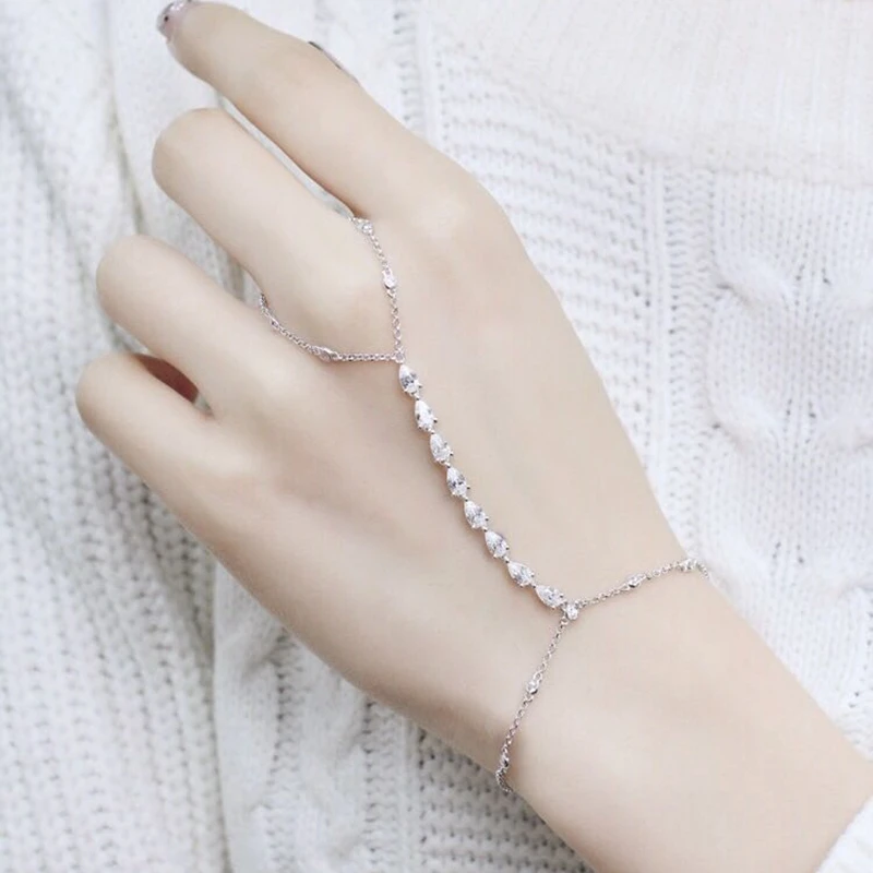

MIGGA 2019 Cubic Zirconia Water Drop Round CZ Crystal Bracelet Slave Chain Link Connected Finger Women Jewelry