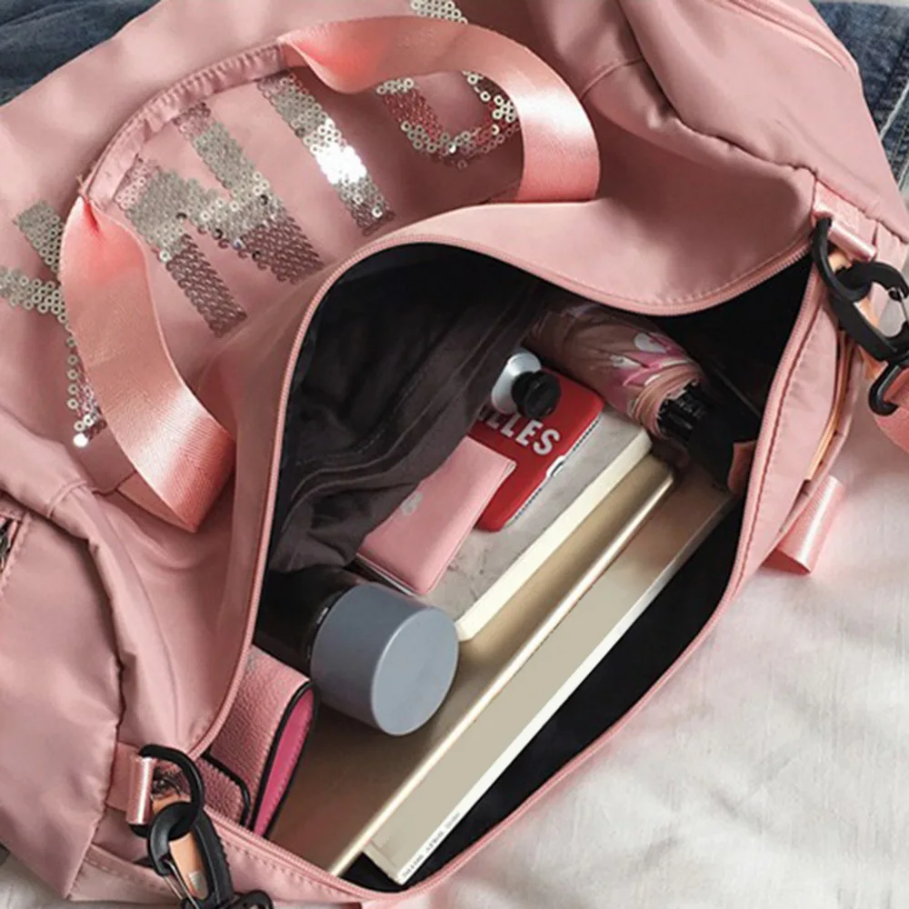 Большая Вместительная дорожная сумка для спортзала, сумка для багажа, розовая, черная, с блестками, сумки на плечо, женские, выходные, Портативная Сумка-тоут, водонепроницаемые сумки