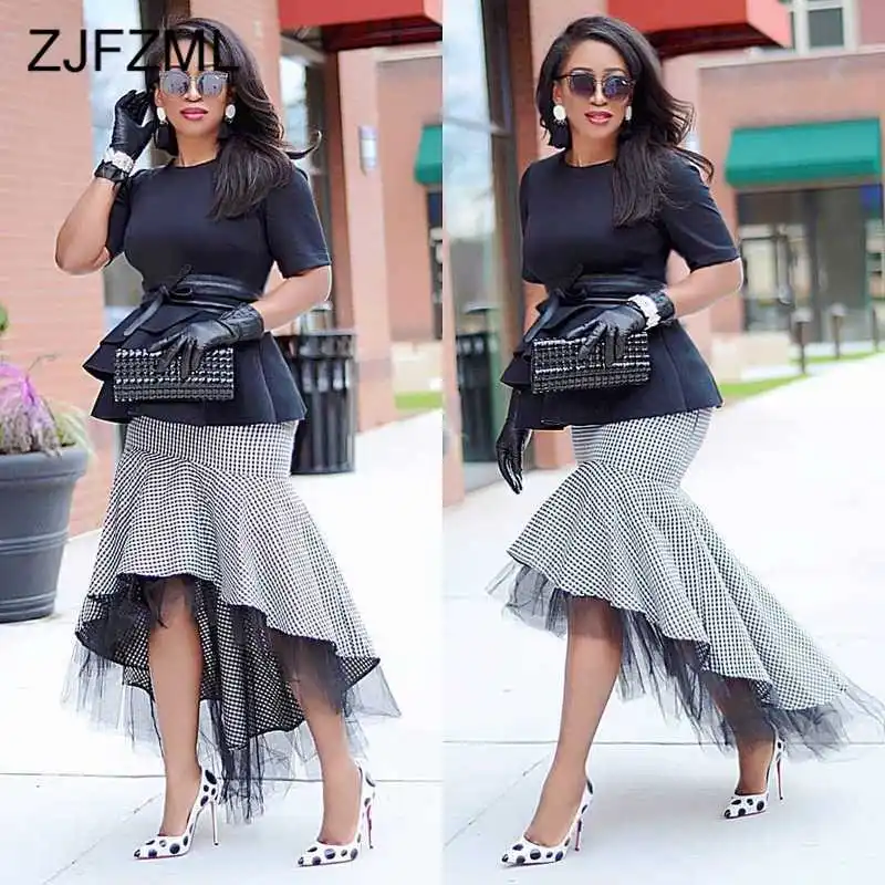 

Black White Plaid Print Mermaid Skirt Women High Waist Mesh Patchwork Bodycon Skirt Elegant Ruffles Front Short Back Long Skirt