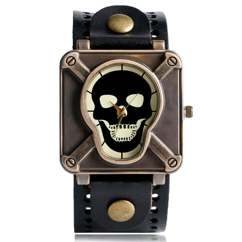 

Fashion Stylish Wrist Quartz Watch Unisex Square Shape Skull Crossbone Face for Men Women Leather Band Strap Cool Modern Relogio