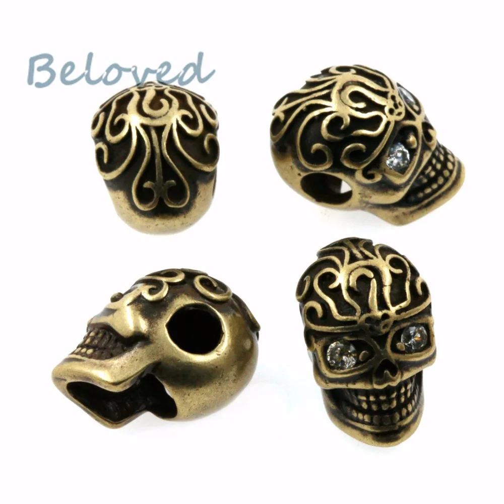 Vintage Micro Paved Zirconia Head Skull Metal Charms Beads, ClearCubic CZ Men's Paracord Bracelet Making Spacer Beads, BG18213