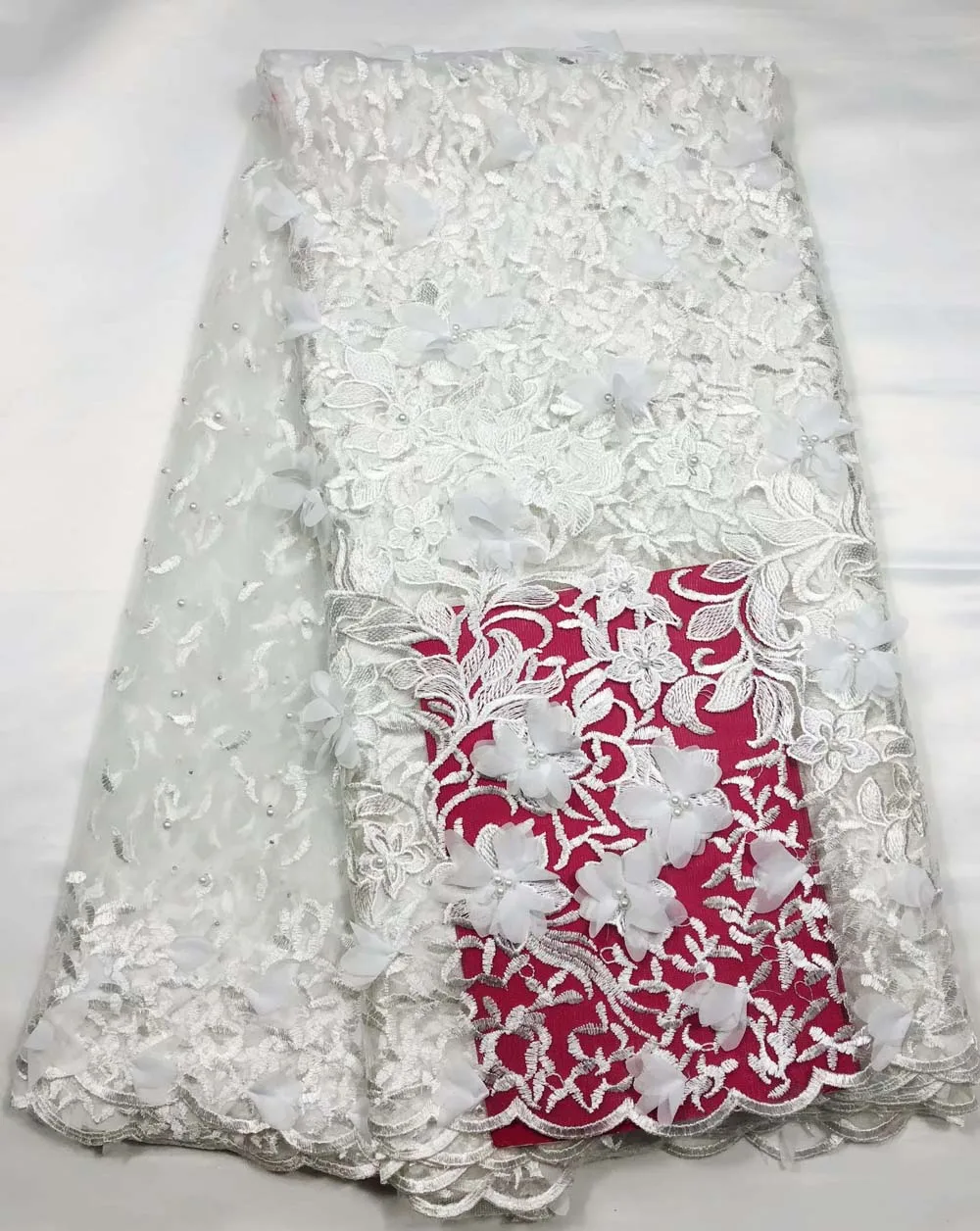 

2018 New style French net lace fabric 3D flower African tulle mesh lace fabric high quality african white lace fabric
