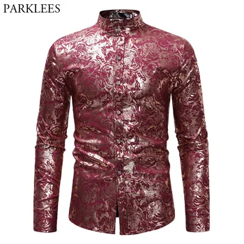 

Luxury Gold Foil Print Red Shirt Men 2018 Autumn New Slim Fit Long Sleeve Mens Dress Shirts Business Wedding Social Shirt Male