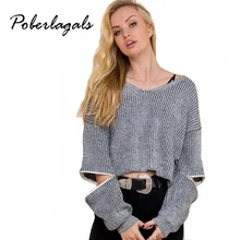 2016 Winter halter knitted warm sweater Casual loose open zipper sleeve pull femme Autumn tricot short black pullover jumper