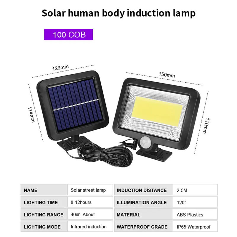 COB 100LED солнечная лампа датчик движения Водонепроницаемый Открытый Путь ночного освещения поддержка Прямая - Испускаемый цвет: 100LED