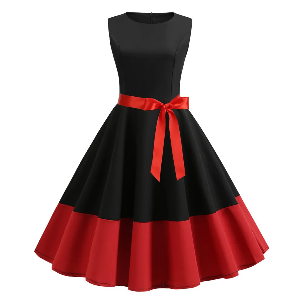 Женское летнее платье с поясом без рукавов элегантное РЕТРО 50s 60s Robe Rockabilly Swing Pinup без рукавов вечерние платья - Цвет: JY13880-black