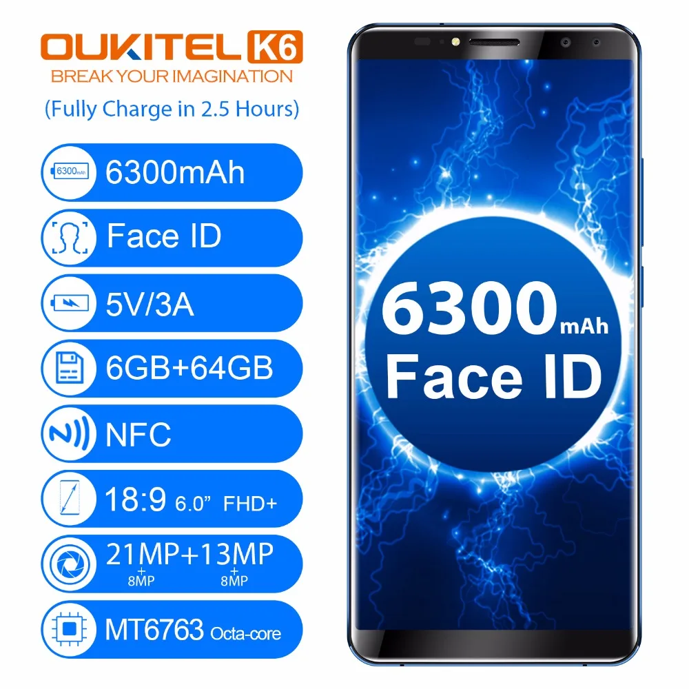 OUKITEL K6 6 0 &quot18:9 полноэкранный 6300 мАч мобильный телефон с функцией распознавания