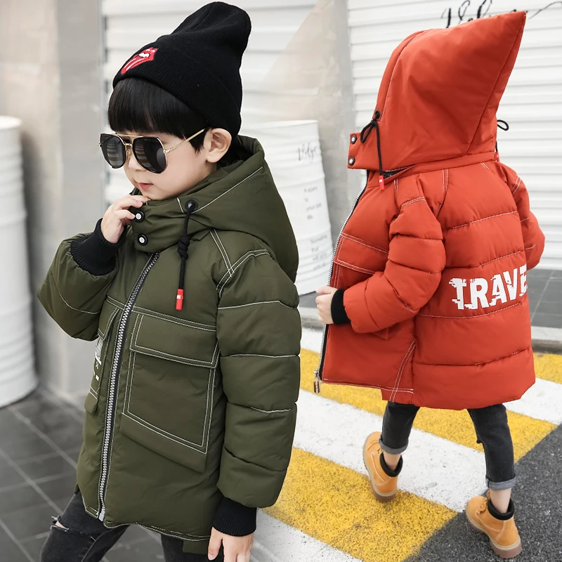 

4-9 years Boys cotton coat padded children's winter Hooded Russian winter kids down Printed windbreaker Big pocket witch hat