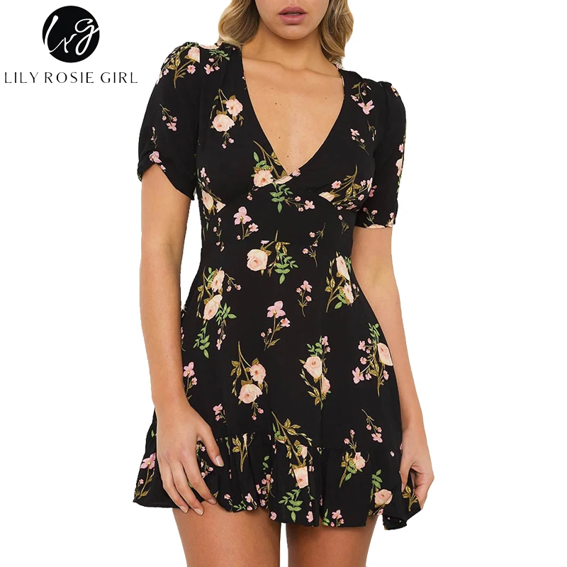 

Lily Rosie Girl Boho Floral Print Black Women Mini Dresses 2018 Sexy V Neck Party Beach Summer Short Sleeve Dress casual Vestido