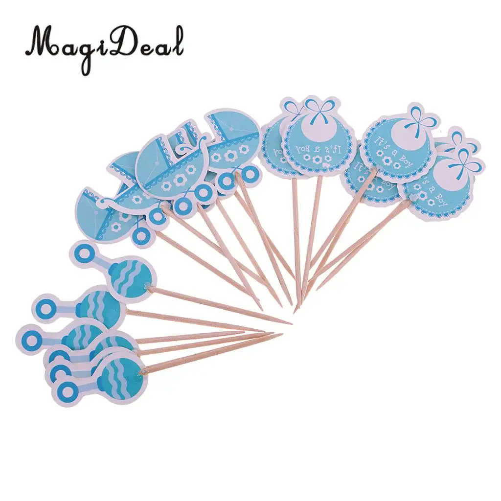 Pack of 36pcs Baby Shower Cupcake Picks Christening Baby Carriage Bib Rattle Cupcake Toppers It's a Girl Boy Party Accessories