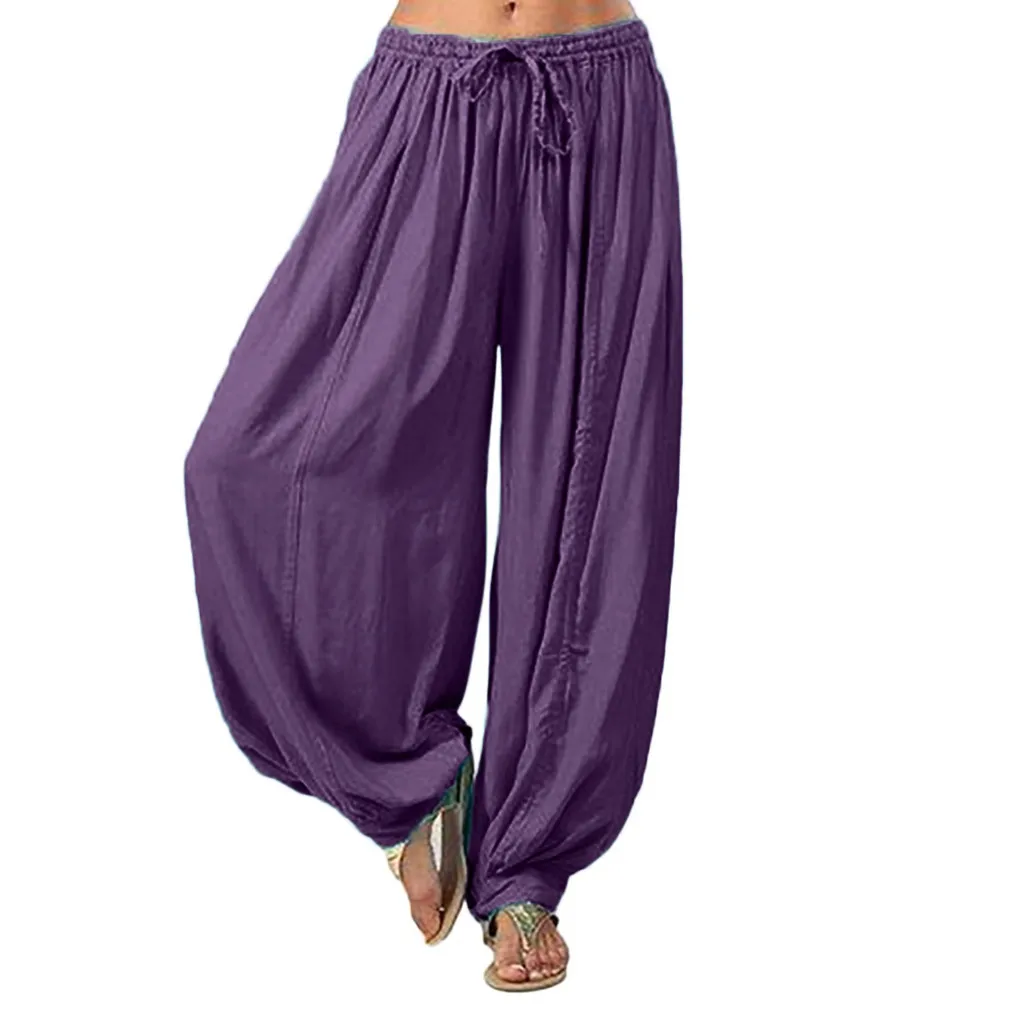 Женские широкие брюки, летние брюки с высокой талией, шикарные уличные штаны, одноцветные повседневные свободные штаны-шаровары, женские брюки 7,2 - Цвет: Purple