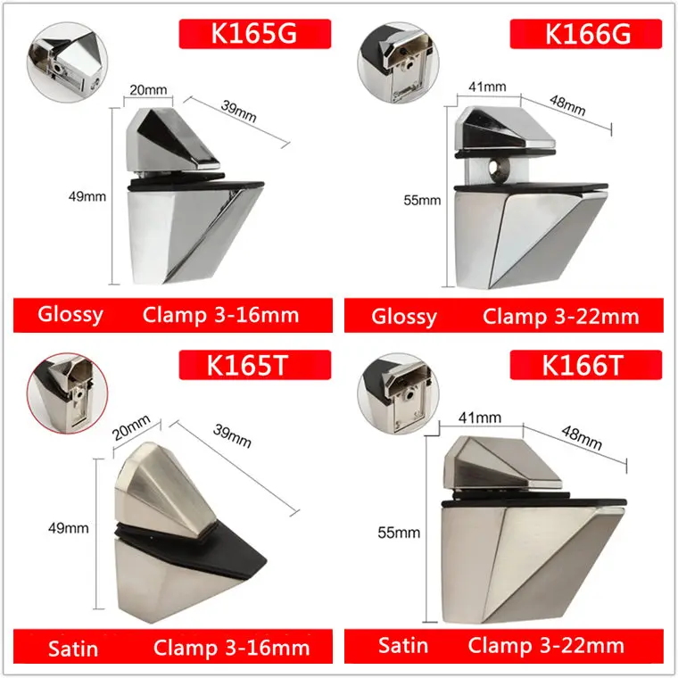 Zinc Alloy Glass Clamps Shelves Support Bracket Clips For 3 to 22mm glass board Tip mouth style Glossy/Satin finished