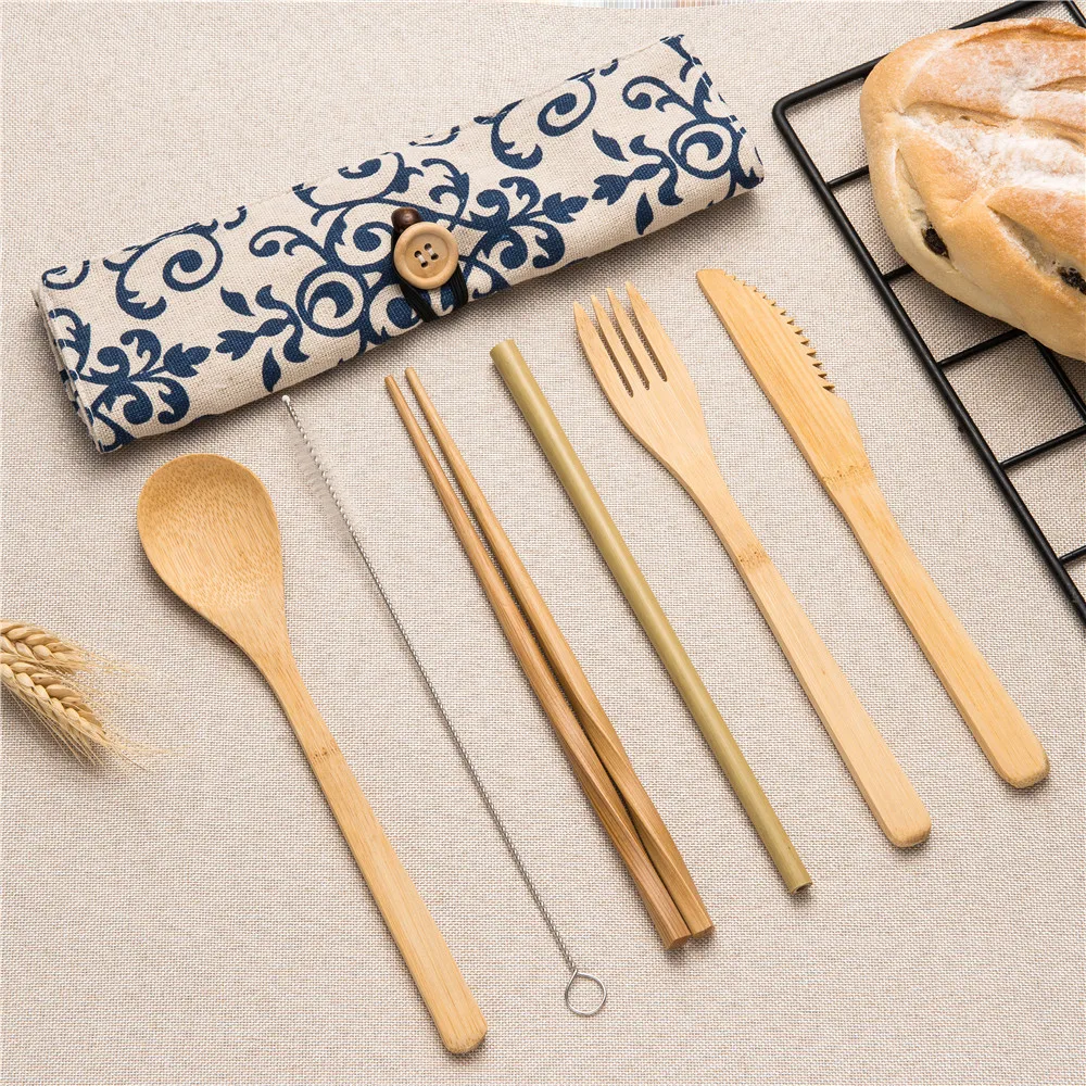 

2019NEW Wooden Tableware Wooden Dinnerware Cutlery Set Bamboo Straw Forks Knives Spoons Chopsticks 5colors Close Bag for Travel