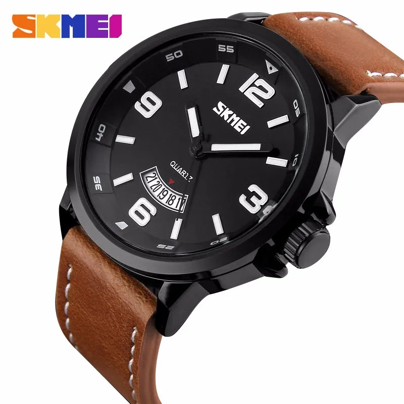 

2016 Men Quartz-Watch SKMEI Top Brand Luxury Fashion Casual Watch Date Male Genuine Leather Sport Wristwatches relogio masculino