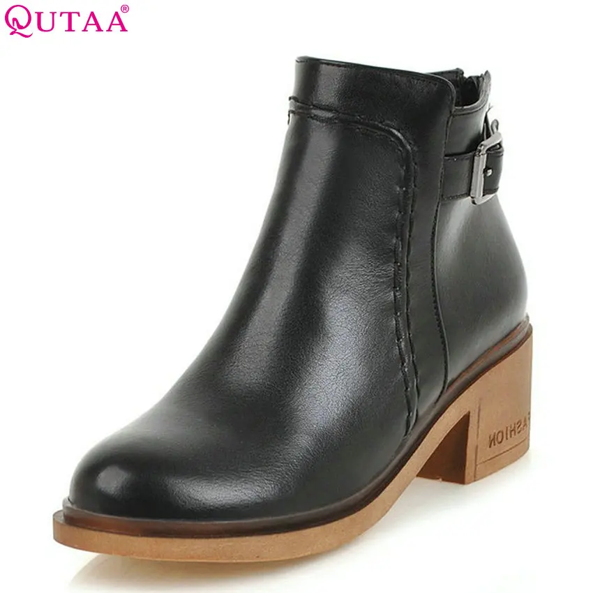 

QUTAA 2019 Women Ankle Boots Platform Zipper All Match Pu Leather Round Toe Square High Heel Winter Women Boots Size 34-43