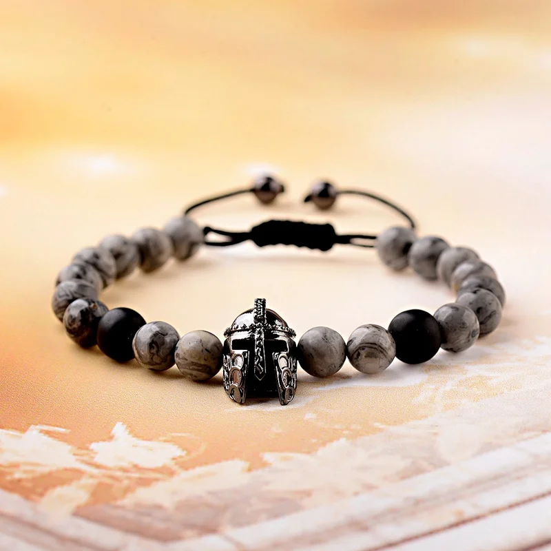 

Charm Men Black Copper Knight Warrior Gladiator Helmet Bracelet Luxury Gray Marble Stone Bead Braided Bracelets Pulseras ABL009