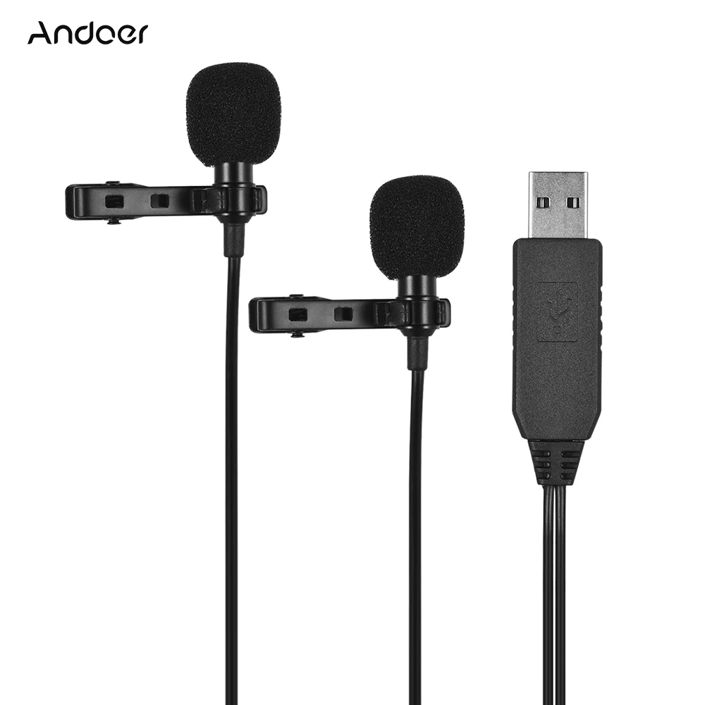 Andoer 1,5 m/4,5 m/6 m USB двухголовый петличный нагрудный микрофон с зажимом всенаправленный компьютерный микрофон для записи видео на Windows Mac