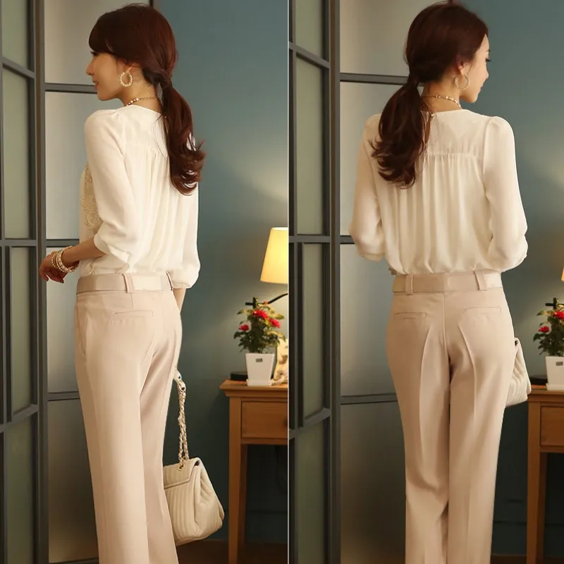 Women Loose Chiffon Blouse Feminine Lace Embroidery Patchwork O-neck Shirt Female Long Sleeve Office Tops Plus Size 5XL