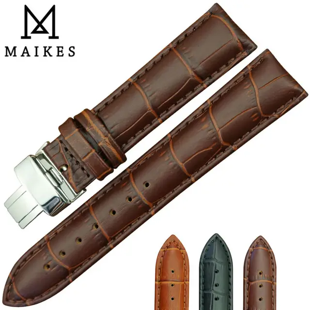 MAIKES Genuine Leather Watch Band Polishing Folding Clasp Watch Strap 18mm 20mm 22mm Men&Women