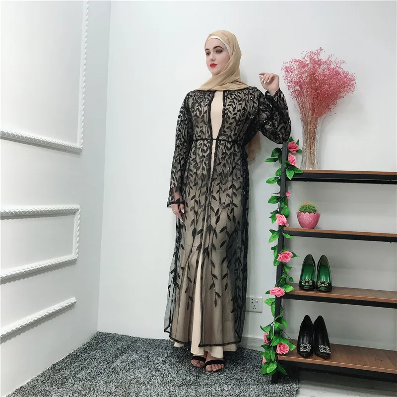 Рамадан Абая для женщин сетчатый кардиган мусульманское платье хиджаб Восточный халат из марокена кафтан абайя кимоно халат Femme мусульманская одежда для Дубай одежда - Цвет: black cardigan