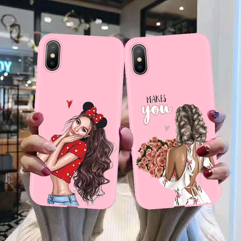 

Fashion Black Brown Hair Baby Mom Girl Queen Case For iPhone7 8 Plus 6 6S XR XSMax XS X 7 10 Colorful Matte Soft TPU Woman Coque