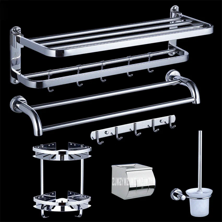 

New Modern Stainless Steel 304 Bathroom Hardware Hanger Set Towel Bar Holder Paper Shelf Hook Brush 6 Pieces Bath Hardware Sets