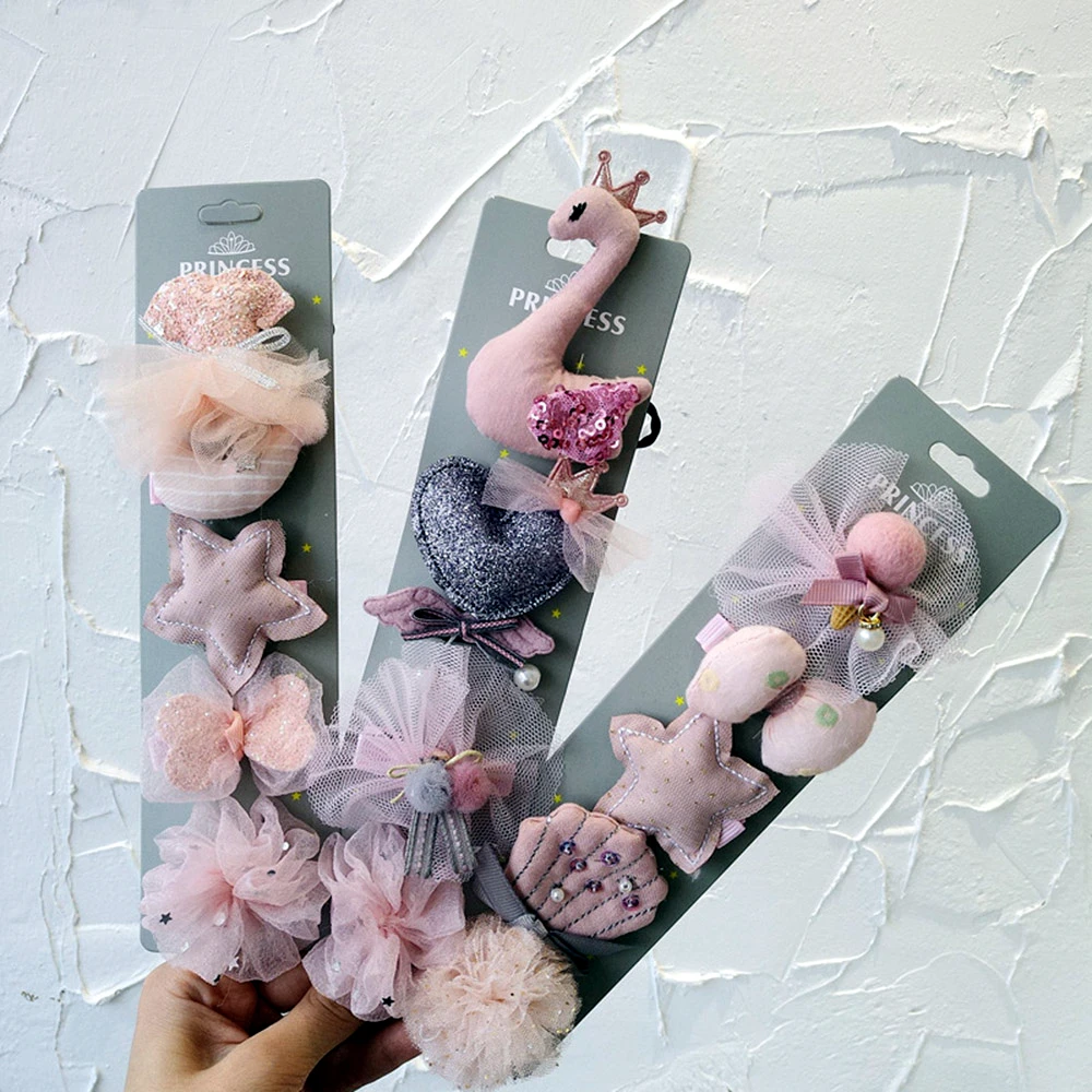 

Cute 5PCS/Pack Children Hair Accessories Bows for Girls Cartoon Lace Hairpins Handmade Princess Gift Barrettes Crown Hair Clip
