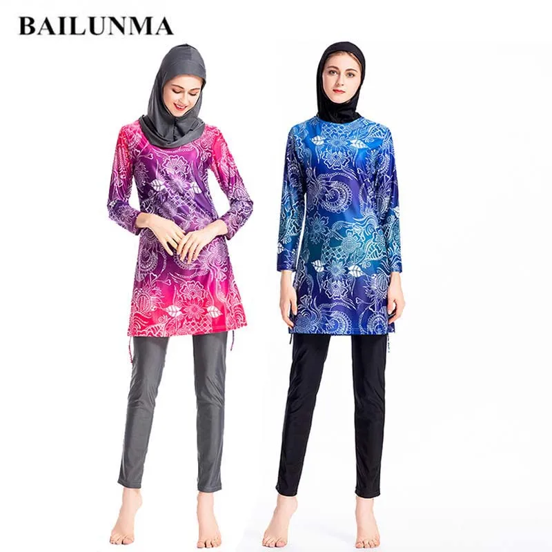 

BAILUNMA Muslim Swimwear Women Full Cover Islamic Women Floral Print Long Sleeve Swimsuit Hijab Burkinis Muslim Swimwear M062