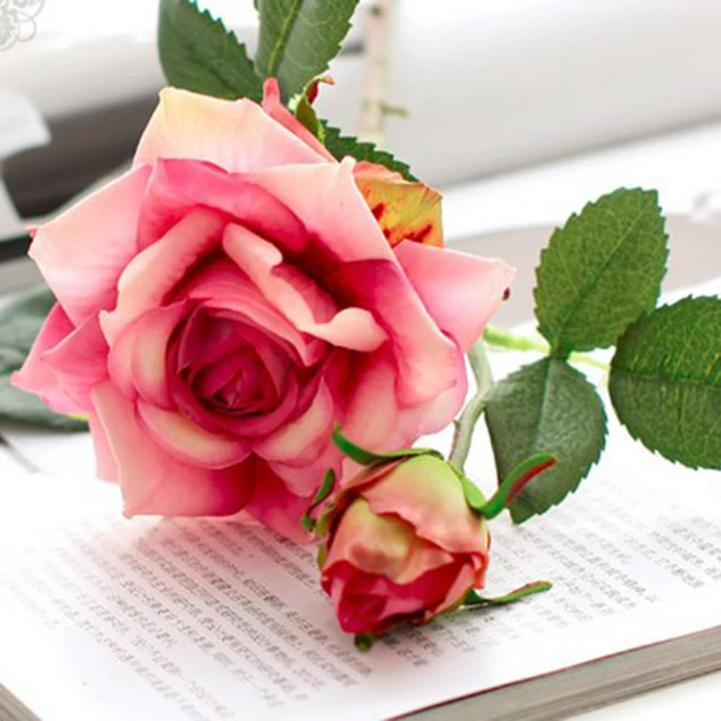 Искусственный Голубь из латекса розы цветы для свадьбы два бутоны, реалистичные цветы розы Букет поставки для дома Свадебные украшения - Цвет: Deep Pink
