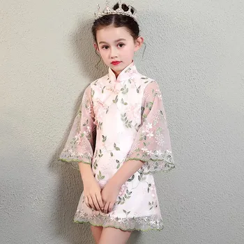 

Chinese Traditional Wind Baby Kids Embroidery Flowers Birthday Wedding Party Cheongsam Mesh Dress Infant Children Formal Dress