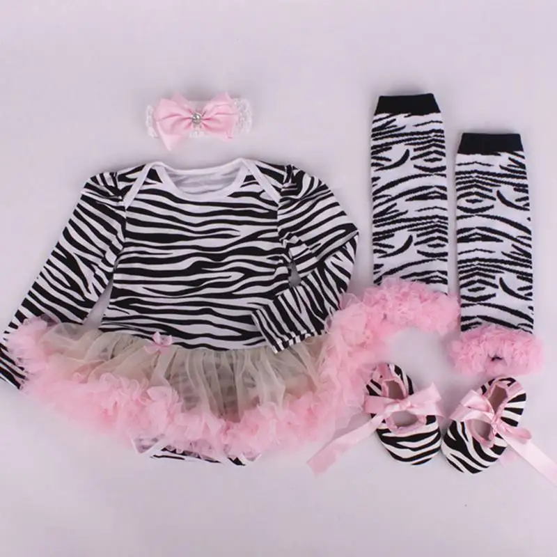 Zebra Print Newborn Tutu Sets Lace Romper Dress Warmers Shoes Headband