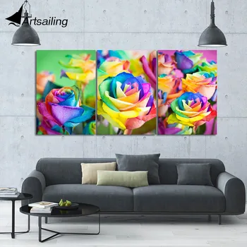 

ArtSailing HD Printed 3 Piece Canvas Abstract romantic colorful rose wall art print home decor pictures for living room pc-8386D