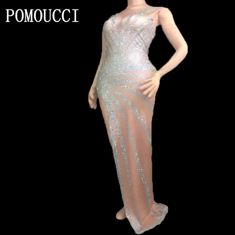 

Женское длинное стрейчевое платье с блестящими кристаллами для празднования дня рождения, вечерний наряд для певицы, сексуальные танцевальные платья телесного цвета, 2020