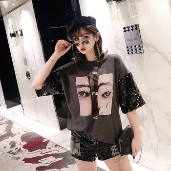 

Tumblr Promotion Direct Selling Long Kpop Blusas Femininas Summertime 2019 Sequins Sleeve Stitching T-shirt Loose T Shirt Women