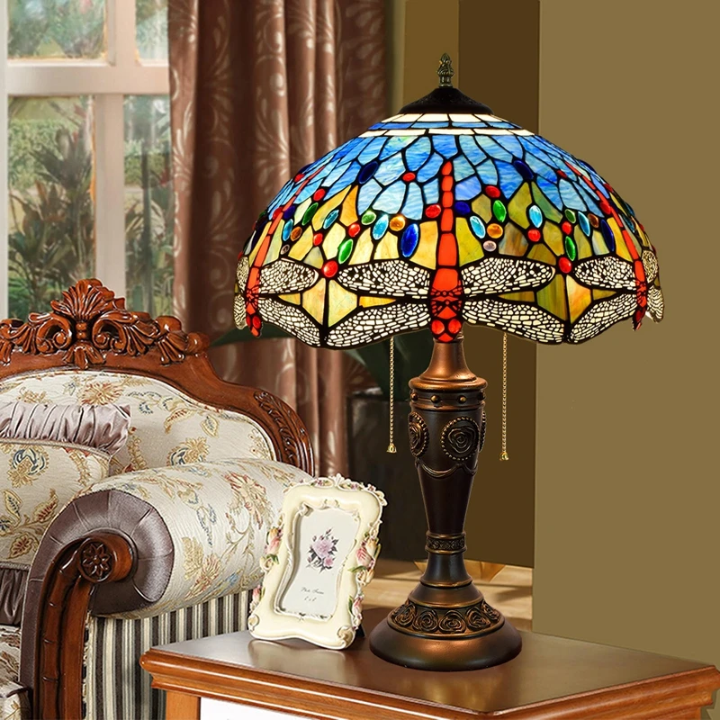 

40CM Creative Color Glass Blue Dragonfly retro living room dining room bed headlamp desk lamps 110-260V e27 Living room lighting