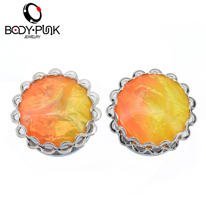 

BODY PUNK High Quality Orange Yellow Color Glass Piece Lace Ear Plugs Flesh Tunnel Women Body Jewelry 6-20mm Ear Expander