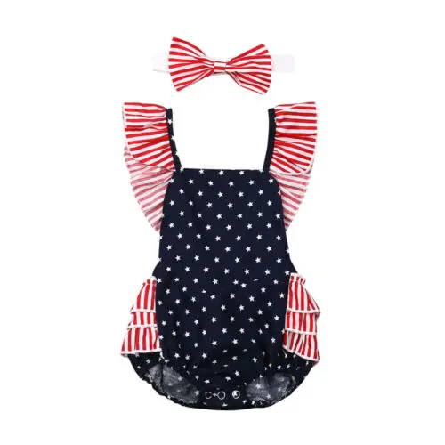 

Baby Girl Clothes 4th of July Newborn Baby Girls My 1st Independence Sleeveless Ruffles Bodysuits Headband Outfits 0-12M