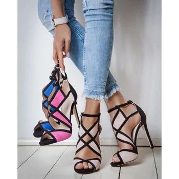 

2019 fashion new fish mouth open toe cross hollow buckle with stiletto heels suede color matching stitching sandals women