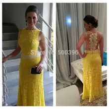 Sexy Sleeveless Bodenlangen Sheer Zurück Gelb Lace Perlen Lange Formale Abendkleider Prom Kleid Vestido De Festa 2017
