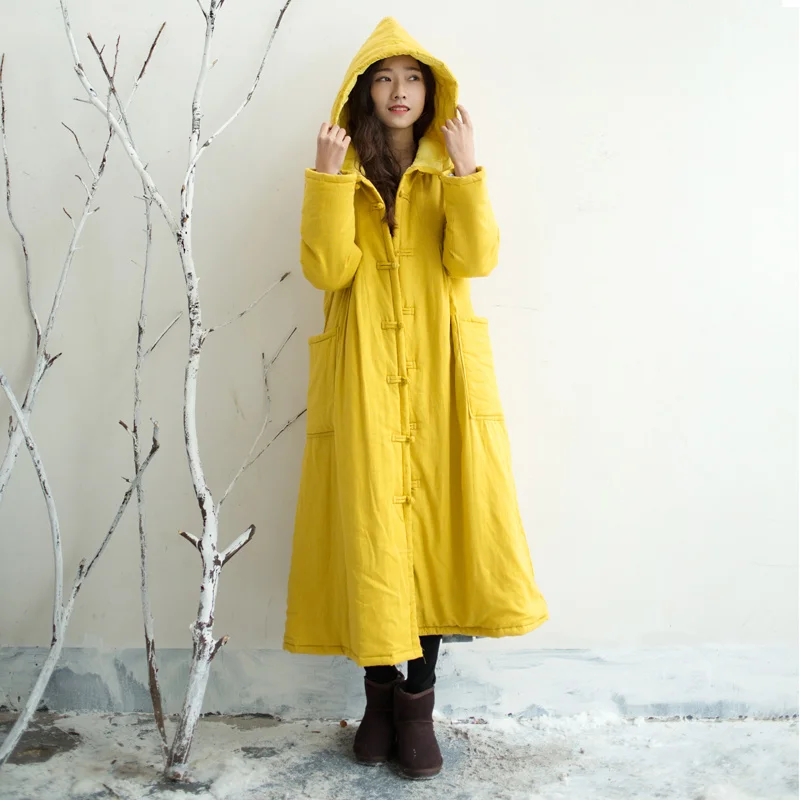 

Johnature 2019 New Long Hooded Parkas Winter Thick Warm Cotton Linen Button Pocket Hap Vintage Long Coat 4 Colors