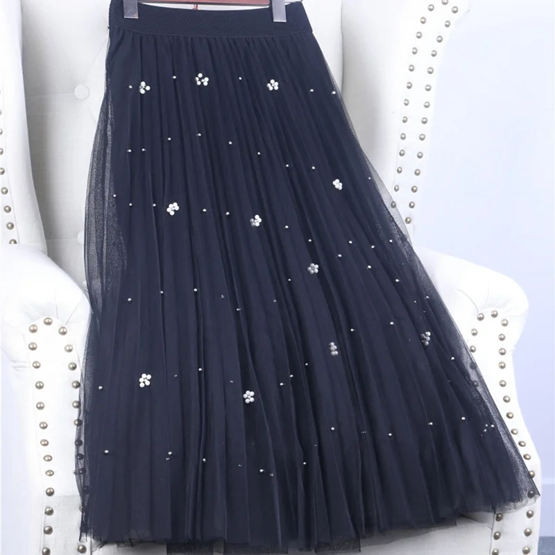 

Spring mesh beading network yarn A-line pleated tulle skirt solid color fairy long skirt female high waist falda larga MZ1539