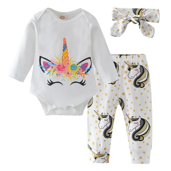 

Baby Girl Clothes Set 3Pcs New Unicorn Print Bodysuits Tops +Pants+Headband Cotton Newborn Clothes Baby Girl Set Infant Clothing
