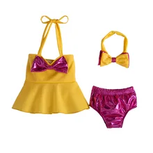 Детский комплект купальников для маленьких девочек, летняя одежда для плавания жилет с бантом и поясом топ+ шорты+ повязка на голову, 3 предмета, женский пляжный костюм