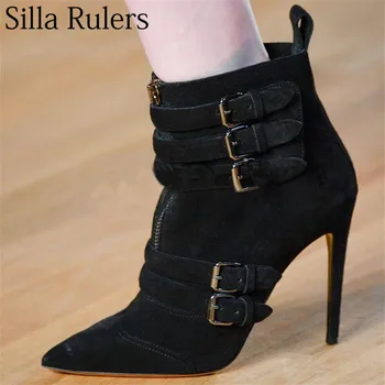 

Silla Rulers 2018 New Kid Suede Sexy Pointed Toe Ankle Boots Belt Buckle Super Thin Heels Side Zipper Short Boots For Women
