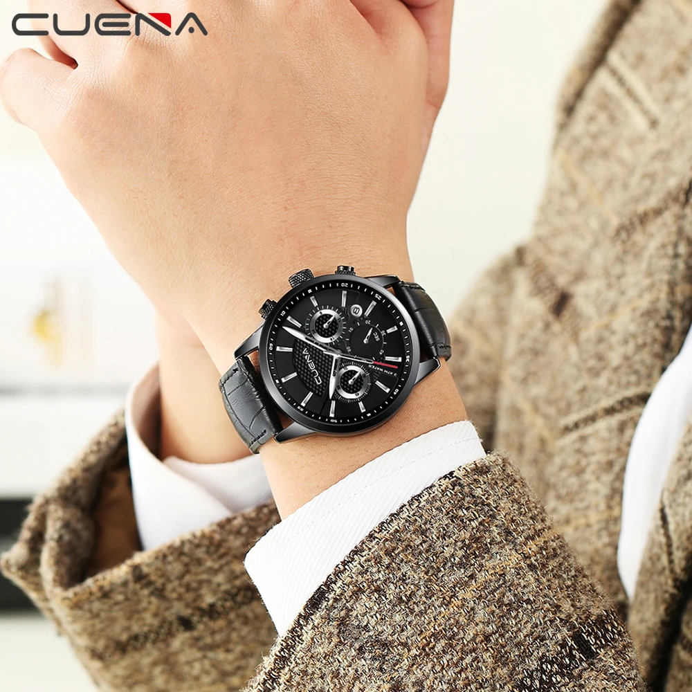 CUENA Quartz Watch Men Luxury Stopwatch Date Luminous Hands Genuine Leather Strap 30M Waterproof Black Fashion Men's Wrist Watch CUENA Quartz Watch Men Luxury Stopwatch Date Luminous Hands Genuine Leather Strap 30M Waterproof Black Fashion Men's Wrist Watch