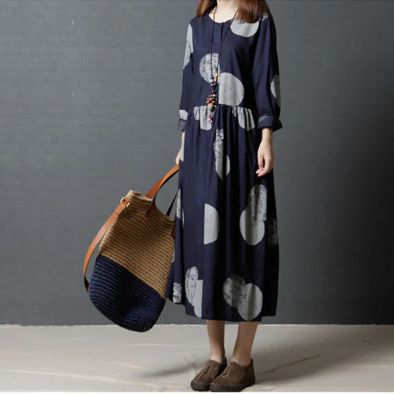 

Johnature Autumn Long Sleeve Cotton Linen Dress 2019 New Korean Casual Fashion Floral Print Button Pockets O-neck Women Dresses