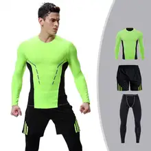 3 Pieces Men GYM Compress Fitness Sets Long Tee Top + Legging + Shorts Workout Exercise Sport Shirts Running Tights A107
