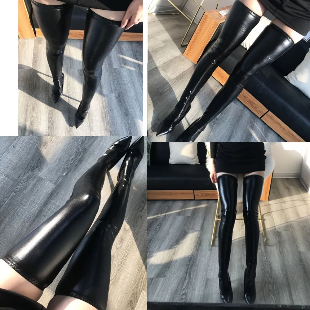 

Women's Stockings Sexy Black Lycra Anti-skid Wet Thigh Length Metallic Rave Booty Dance