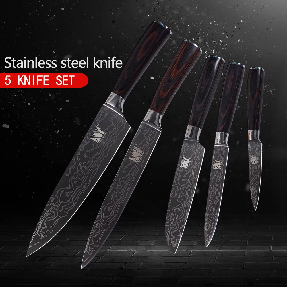 

XYj Stainless Steel Kitchen Knives 5pcs Master Chef Cooking Tools 3.5, 5, 5, 8, 8 Inch Fruit Utility Santoku Slicing Chef Knife