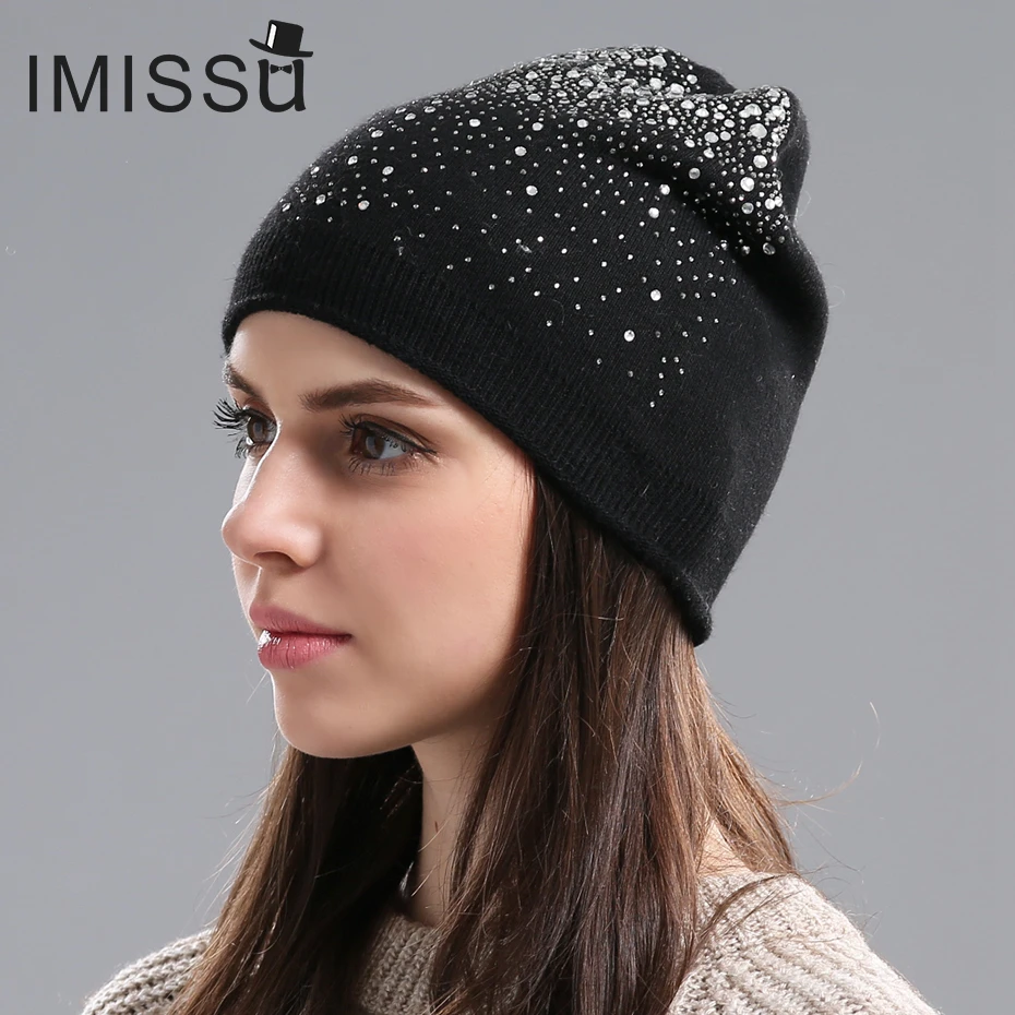 IMISSU Winter Women s Winter Hats Knitted Wool Casual Mask Cap with Crystal Solid Color Ski